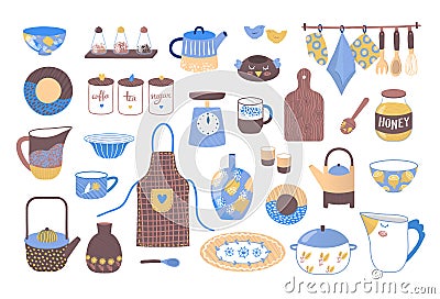 Decorative cookware utensils for cooking, collection of ceramic kitchen crockery vector illustration. Vector Illustration