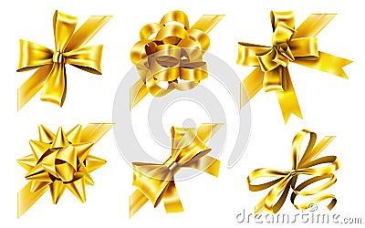 Decorative corner bow. Golden favor ribbon, yellow angle bows and luxury gold ribbons realistic 3D vector illustration Vector Illustration