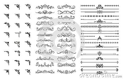 Decorative corners and dividers. Ornamental curls border, royal ornaments and vintage filigree ornament corner vector Vector Illustration