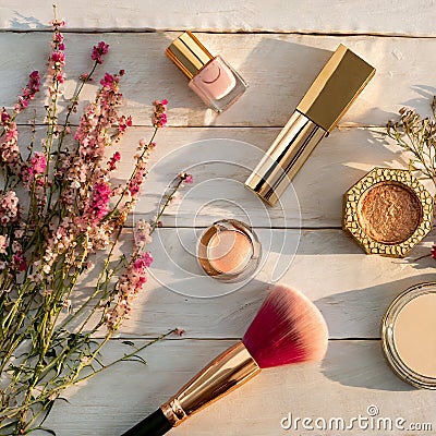 Decorative cosmetic and flowers on wooden table, flat lay Stock Photo