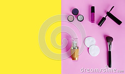 Decorative cosmetics, eye shadow, mascara, lip gloss, face cream Stock Photo