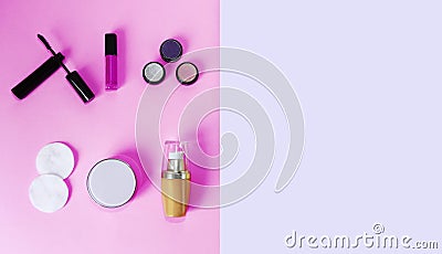 Decorative cosmetics, eye shadow, mascara, lip gloss, face cream Stock Photo