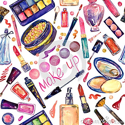 Decorative cosmetics, make up stuff collection, hand painted watercolor illustration, seamless pattern on white Cartoon Illustration