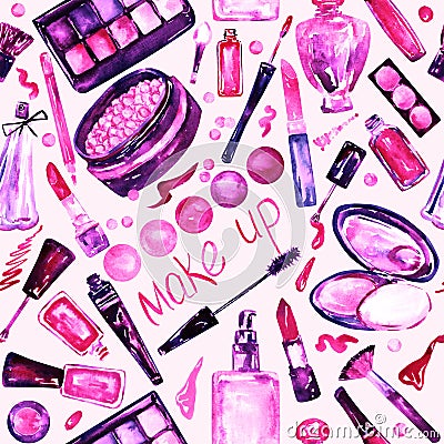 Decorative cosmetics, make up stuff collection, hand painted watercolor, pink, purple color palette Stock Photo