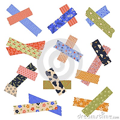 Decorative crossed tape. Sticky torn paper labels with adhesive stripes, ripped paper stickers for scrapbook and Vector Illustration