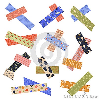 Decorative crossed tape. Sticky torn paper labels with adhesive stripes, ripped paper stickers for scrapbook and packaging, Vector Illustration
