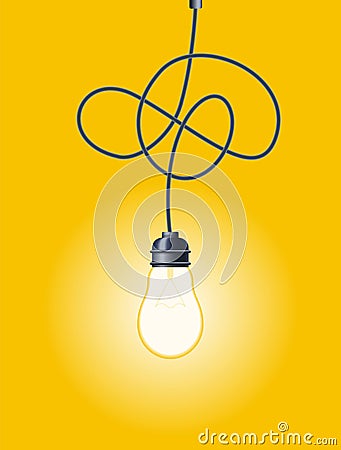 Decorative design lightbulb. Messy line and bulb. Idea concept with outline lamp. Doodle tangled cord with knot and Vector Illustration