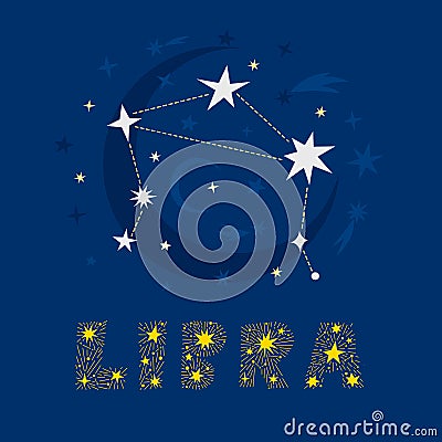 A decorative design of zodiac constellation Libra with lettering name Vector Illustration