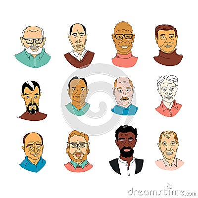 Men`s head portraits grunge line drawing set doodle poster Vector Illustration