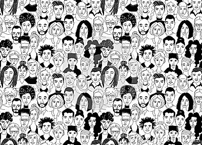 Decorative diverse women`s men`s head seamless pattern background. Multiethnic gruop Vector Illustration