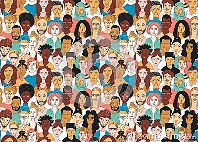 Decorative diverse women`s men`s head seamless pattern background. Multiethnic gruop Vector Illustration