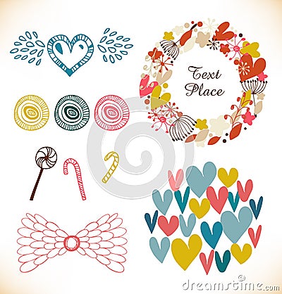 Decorative doodle collection with many cute elements. Hearts, flowers, angel wings, lollipops, sugarplum Vector Illustration