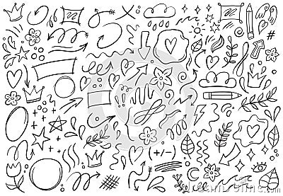 Decorative doodles. Hand drawn pointing arrow, outline shapes and doodle frames vector illustration set Vector Illustration