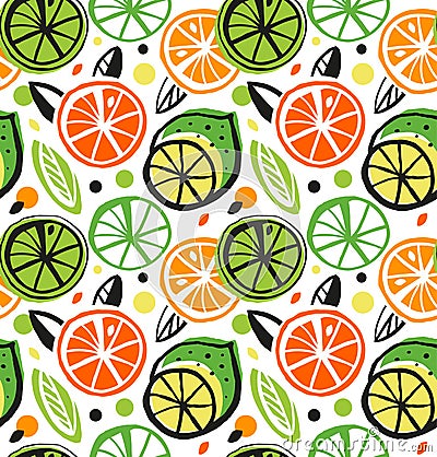 Decorative drawing seamless pattern with citrus fruits. Colorful tropical background. Vector Illustration