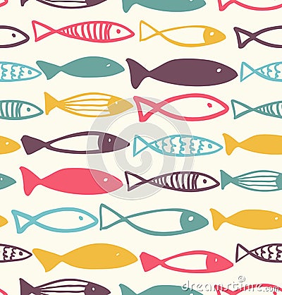 Decorative drawn pattern with fish. Seamless colorful vector background, baby fabric texture. Vector Illustration