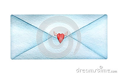 Decorative element. Blue stretched closed envelope. seal small red winged heart. Valentine`s Day. Hand drawn watercolor Cartoon Illustration