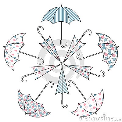 Decorative element of the pattern of umbrellas with different decor. Vector illustration. Vector Illustration