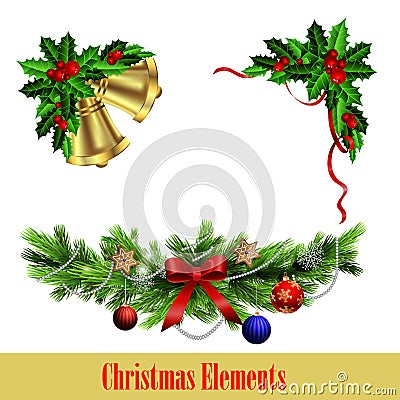 Decorative elements with Christmas evergreen set Vector Illustration