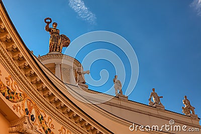 Decorative elements of pavilions at the exhibition of achievements of the national economy VDNH on a Sunny summer day. Popular Editorial Stock Photo