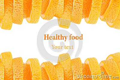 Decorative ending from a pile of slices of juicy orange on a white background. Fruit border, frame. Isolated. Food background. Cop Stock Photo