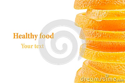 Decorative ending from a pile of slices of juicy orange on a white background. Fruit border, frame. Isolated. Food background. Cop Stock Photo