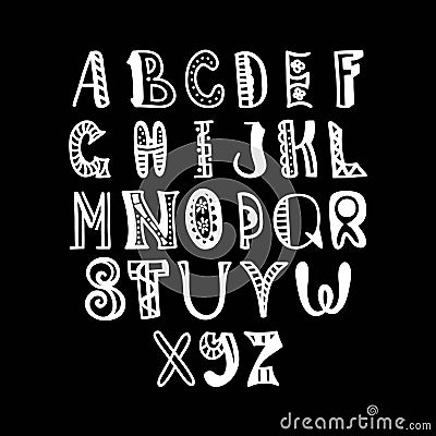 Decorative English alphabet. Black and white lettering.Letter. Vector handwritten script. White letters on chalkboard background. Stock Photo