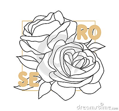 Decorative english garden vintage rose with text. Female summer print, t-shirt design. Line art. Hand drawn beautiful flowers. Vector Illustration