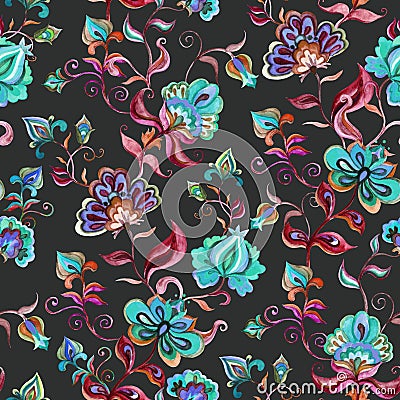 Decorative fairy flowers at black background. Repeating pattern. Watercolor in Eastern European folk Stock Photo