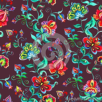 Decorative fairy flowers at dark background. Repeating pattern. Watercolor in Eastern European folk art Stock Photo