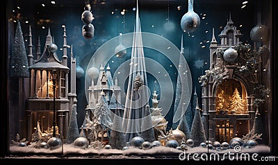 Decorative fairy-tale Christmas town with Christmas trees and small shops. Stock Photo