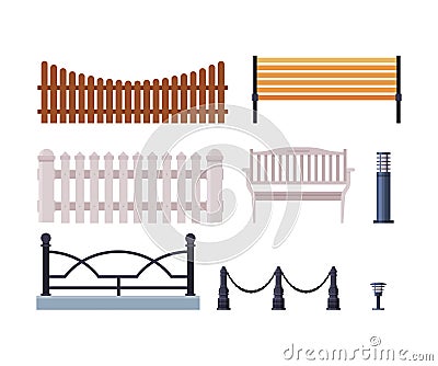 Decorative Fences Collection, Wooden, Wrought Iron Fence, Urban Infrastructure Design Element, Flat Style Vector Vector Illustration