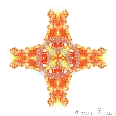 Decorative fiery cross. Bright abstract watercolor painting. Hand drawn symmetrical image. Yellow, red and orange paint. Stock Photo
