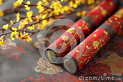 Decorative firecracker with background of ginkgo branch in chinese new year. Lunar New Year holidays Stock Photo