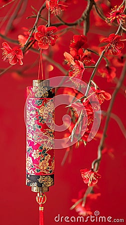 Decorative firecracker with background of ginkgo branch in chinese new year. Lunar New Year holidays Stock Photo