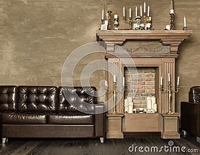 Decorative fireplace with candles Stock Photo