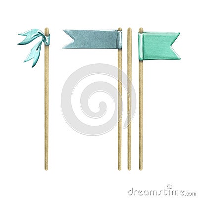 Decorative flags on sticks for decorating cakes, souvenirs, holidays. Watercolor illustration. Isolated objects from a Cartoon Illustration