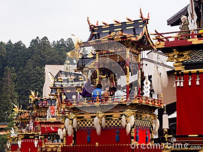 Decorative floats lining up the street at Takayama Autumn Festival Editorial Stock Photo