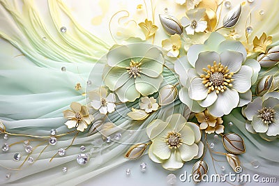 Decorative floral backdrop in green tones, flowers background for wedding photo album, beautiful mural. Generative AI Stock Photo