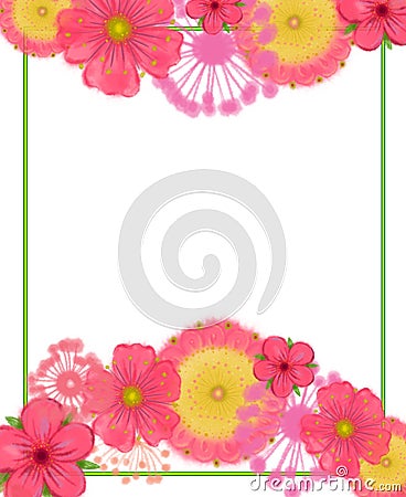 Fantasy Flower Vignette on Top and Bottom of Neon Frame. Stock Photo