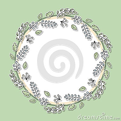 Decorative floral frame with green leaves and branches. Cartoon hand drawn elements for web pages, wedding invitations, save the Vector Illustration