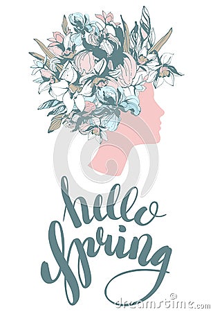 Decorative floral pattern woman`s head poster Hello Spring Vector Illustration