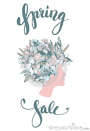 Decorative floral pattern woman`s head poster Spring Sale Vector Illustration