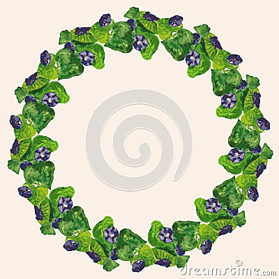 Decorative floral wreath from watercolor drawings of blooming purple flowers in green leaves Vector Illustration