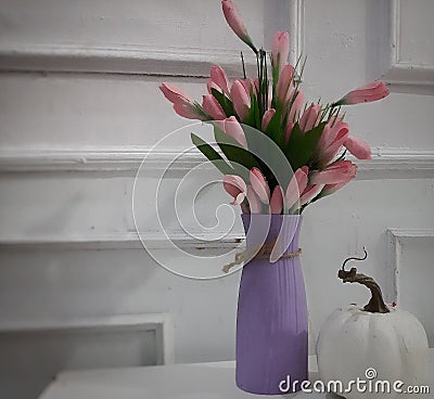 Decorative flower and its properties in the form of a white pumpkin imitation Stock Photo