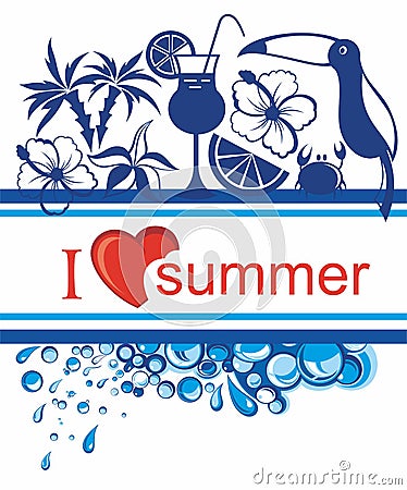 Decorative flowers, fruits, birds with I love Summer Phrase Vector Illustration