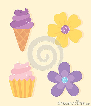 Decorative flowers ice cream cupcake sweet cartoon icons Vector Illustration