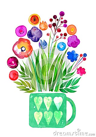 Decorative flowers in a pot, Translucent overlying watercolor flower, Meadow flowers, celebration delicate watercolor flowers Stock Photo