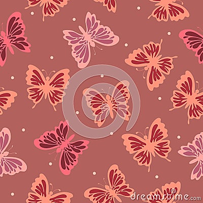 Decorative flying colorful butterflies with simple elements and light dots on a calm pink-brown background. Seamless pattern Vector Illustration