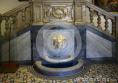 Decorative fountain and stairway inside The Pinacota Ambrosiana, the Ambrosian art gallery in Milan, Italy Editorial Stock Photo