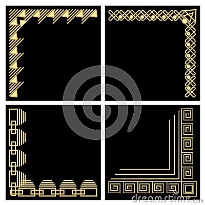 Decorative frame corner, gold material, filigree ornamental patterns in art deco style on black background, Vector Illustration